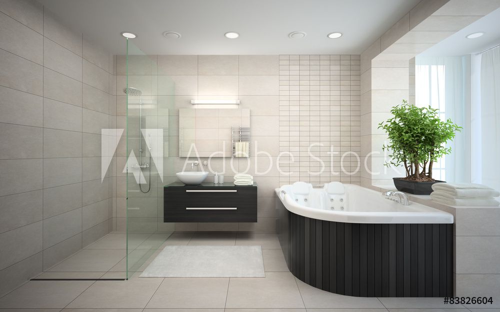Modernes Badezimmer in Hellgrau mit schwarzer Badewanne